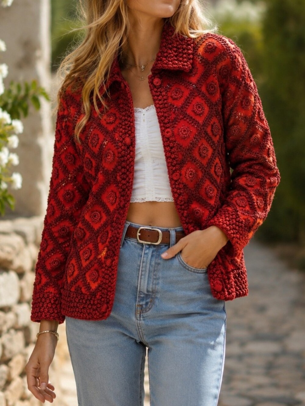 Vintage Pure Wool Red Crochet Diamond Knit Cardigan Sweater Jacket Boho Retro
